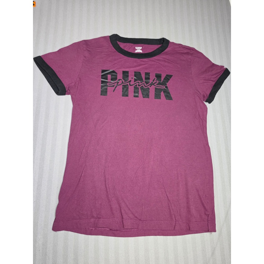 Victoria's Secret PINK Ringer Tee Burgundy Maroon Graphic Logo Shirt Medium